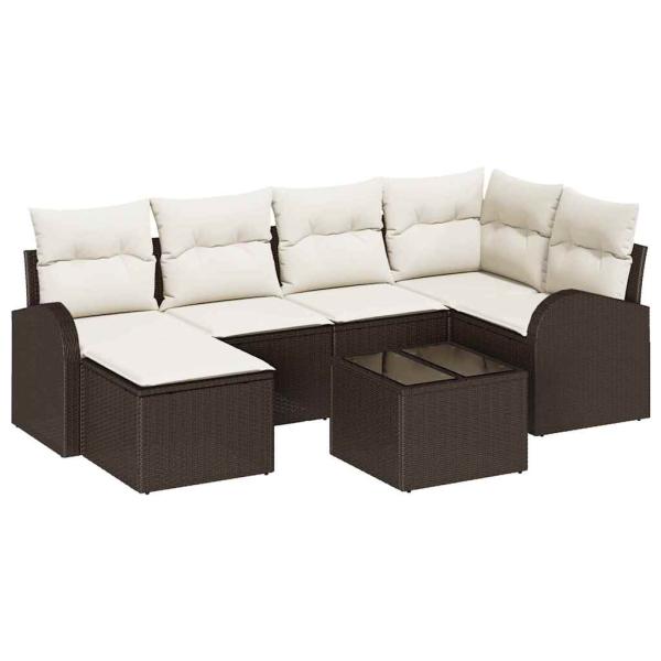 Sofa Set 7 stk. Braun und Weiß Poly-Rattan