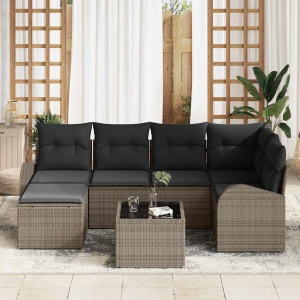 6-teiliges Garten-Sofaset mit Kissen Schwarzes Poly-Rattan, 2-Sitzer-Garten-Sofa mit Stauraum & Kissen Graues Poly-Rattan