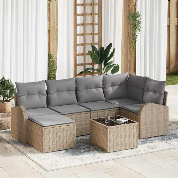 ARDEBO.de - 7-teiliges Garten-Sofa-Set mit Kissen Schwarz Poly Rattan, 2-Sitzer Garten-Sofa mit Stauraum & Kissen Beige Poly Rattan