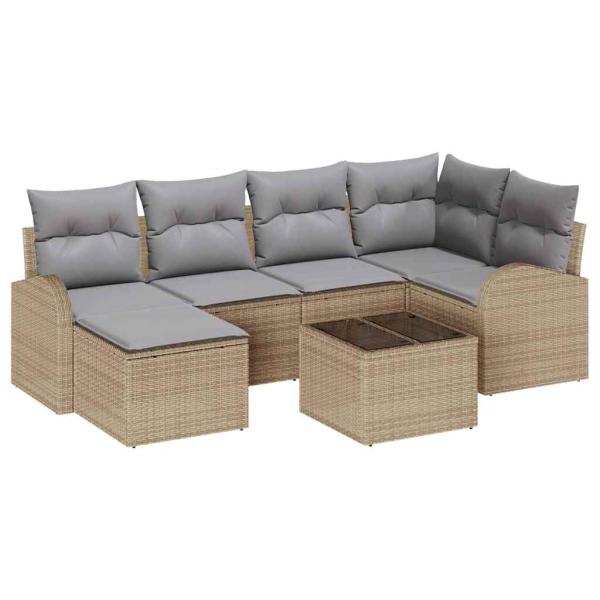 7-teiliges Garten-Sofa-Set mit Kissen Schwarz Poly Rattan, 2-Sitzer Garten-Sofa mit Stauraum & Kissen Beige Poly Rattan