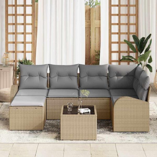 7-teiliges Garten-Sofa-Set mit Kissen Schwarz Poly Rattan, 2-Sitzer Garten-Sofa mit Stauraum & Kissen Beige Poly Rattan