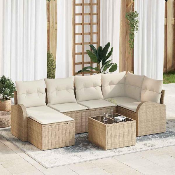 ARDEBO.de - 7-teiliges Garten-Sofa-Set mit Kissen Braun Poly Rattan, 2-Sitzer Garten-Sofa mit Stauraum & Kissen Beige Poly Rattan
