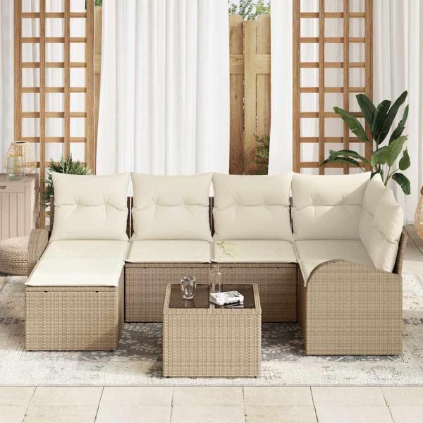 7-teiliges Garten-Sofa-Set mit Kissen Braun Poly Rattan, 2-Sitzer Garten-Sofa mit Stauraum & Kissen Beige Poly Rattan