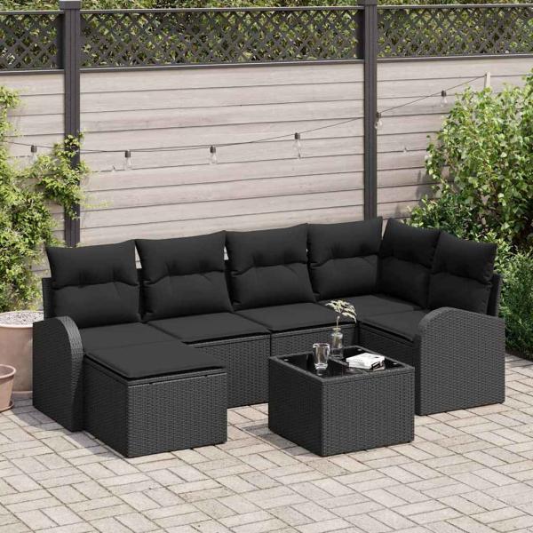 ARDEBO.de - 7-teiliges Garten Sofa Set mit Kissen Beige Poly Rattan, 2-Sitzer Garten Sofa mit Stauraum & Kissen Schwarz Poly Rattan