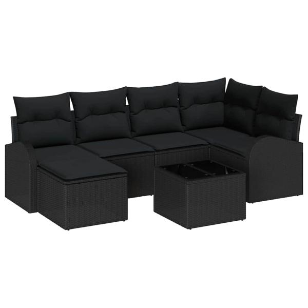 7-teiliges Garten Sofa Set mit Kissen Beige Poly Rattan, 2-Sitzer Garten Sofa mit Stauraum & Kissen Schwarz Poly Rattan