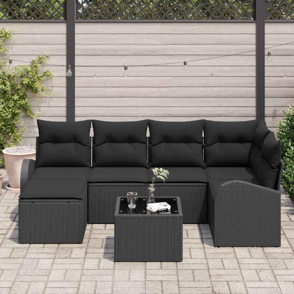 7-teiliges Garten Sofa Set mit Kissen Beige Poly Rattan, 2-Sitzer Garten Sofa mit Stauraum & Kissen Schwarz Poly Rattan