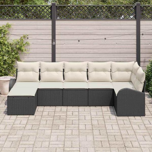 7-teiliges Garten-Sofa-Set mit Kissen Schwarz Poly-Rattan, 2-Sitzer Garten-Sofa mit Stauraum & Kissen Schwarz Poly-Rattan
