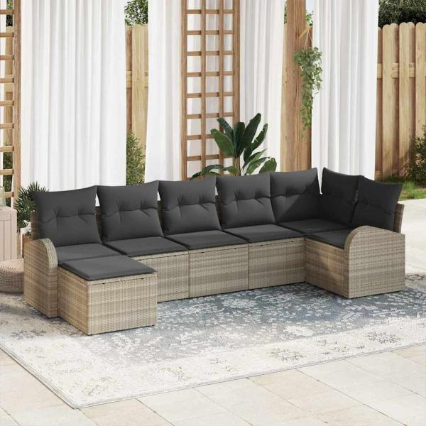 ARDEBO.de - 7-teiliges Garten-Sofaset mit Kissen Hellgrau Poly Rattan, 2-Sitzer Garten-Sofa mit Stauraum & Kissen Hellgrau Poly Rattan