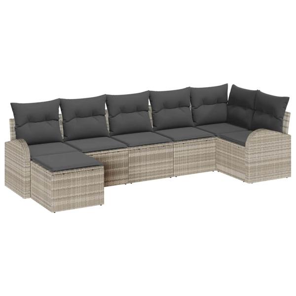 7-teiliges Garten-Sofaset mit Kissen Hellgrau Poly Rattan, 2-Sitzer Garten-Sofa mit Stauraum & Kissen Hellgrau Poly Rattan