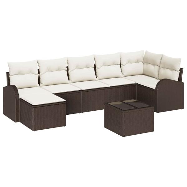 7-teiliges Garten Sofa Set mit Kissen Grau Poly Rattan, 2-Sitzer Garten Sofa mit Stauraum & Kissen Braun Poly Rattan