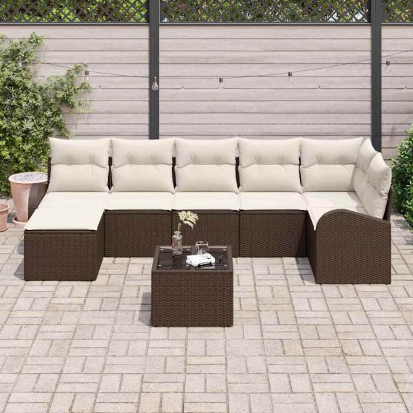 7-teiliges Garten Sofa Set mit Kissen Grau Poly Rattan, 2-Sitzer Garten Sofa mit Stauraum & Kissen Braun Poly Rattan