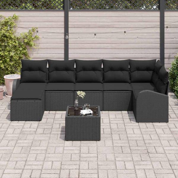8-teiliges Garten Sofa Set mit Kissen Beige Poly Rattan, 2-Sitzer Garten Sofa mit Stauraum & Kissen Schwarz Poly Rattan