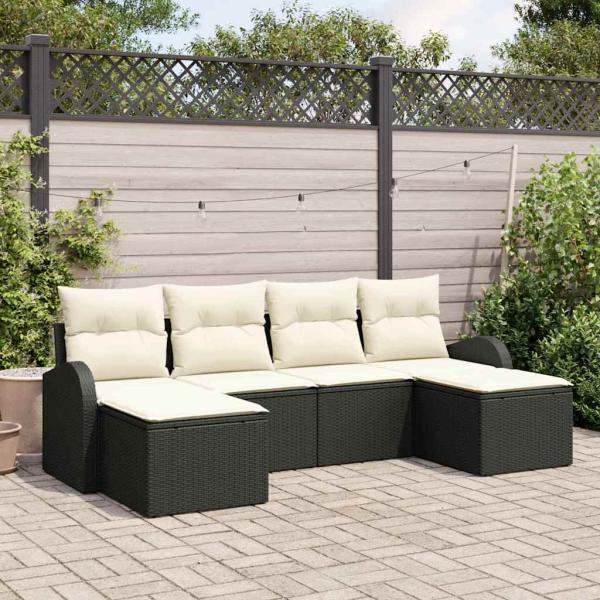 ARDEBO.de - 6-teiliges Garten-Sofa-Set mit Kissen Schwarzes Poly-Rattan, 2-Sitzer Garten-Sofa mit Stauraum & Kissen Schwarzes Poly-Rattan