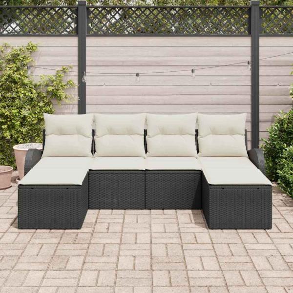 6-teiliges Garten-Sofa-Set mit Kissen Schwarzes Poly-Rattan, 2-Sitzer Garten-Sofa mit Stauraum & Kissen Schwarzes Poly-Rattan