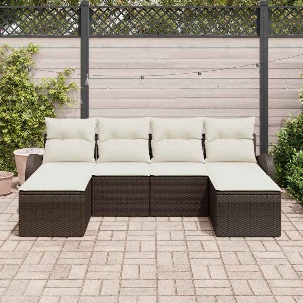 6-teiliges Garten-Sofa-Set mit Kissen Braun Poly-Rattan, 2-Sitzer Garten-Sofa mit Stauraum & Kissen Braun Poly-Rattan