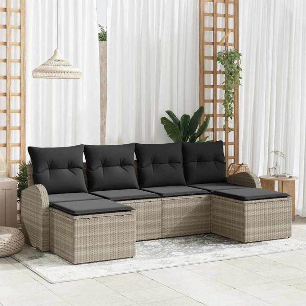 ARDEBO.de - 6-teiliges Garten Sofa Set mit Kissen Hellgrau Poly Rattan, 2-Sitzer Garten Sofa mit Stauraum & Kissen Hellgrau Poly Rattan
