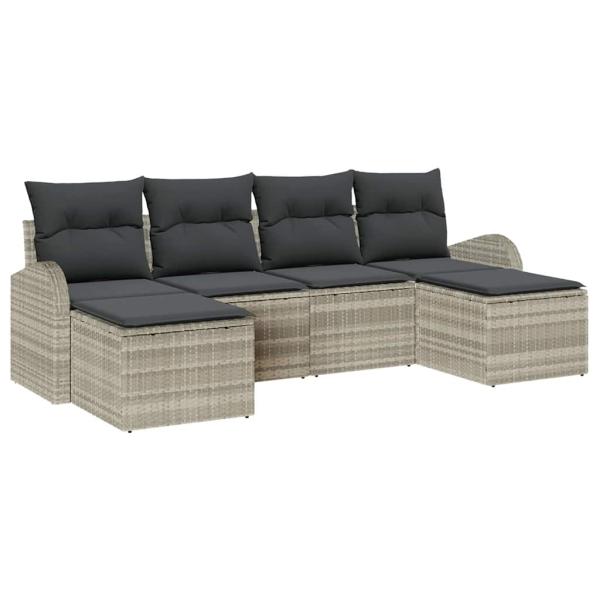6-teiliges Garten Sofa Set mit Kissen Hellgrau Poly Rattan, 2-Sitzer Garten Sofa mit Stauraum & Kissen Hellgrau Poly Rattan