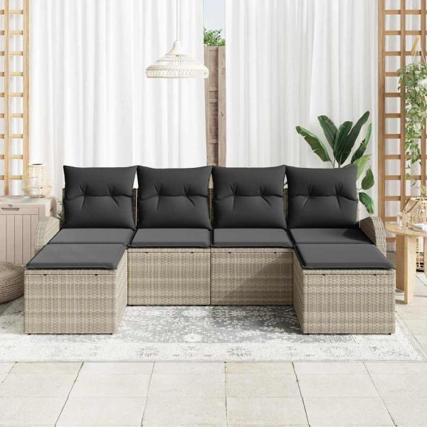 6-teiliges Garten Sofa Set mit Kissen Hellgrau Poly Rattan, 2-Sitzer Garten Sofa mit Stauraum & Kissen Hellgrau Poly Rattan
