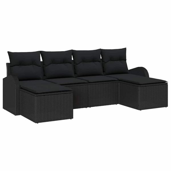 6-teiliges Garten-Sofaset mit Kissen Schwarzes Poly-Rattan, 2-Sitzer Garten-Sofa mit Stauraum & Kissen Schwarzes Poly-Rattan