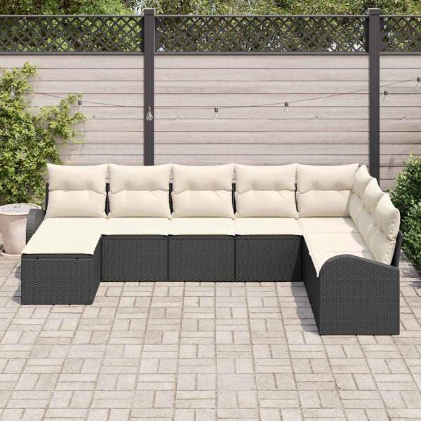 8-teiliges Garten Sofa Set mit Kissen in Schwarz Poly Rattan, 2-Sitzer Garten Sofa mit Stauraum & Kissen in Schwarz Poly Rattan