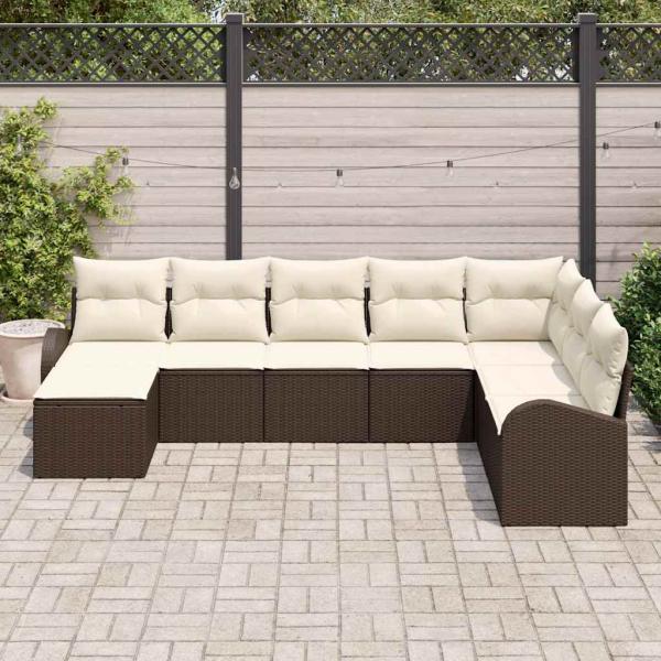 8-teiliges Garten Sofa Set mit Kissen Braun Poly Rattan, 2-Sitzer Garten Sofa mit Stauraum & Kissen Braun Poly Rattan