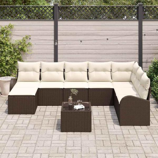 8-teiliges Garten Sofa Set mit Kissen Grau Poly Rattan, 2-Sitzer Garten Sofa mit Stauraum & Kissen Braun Poly Rattan
