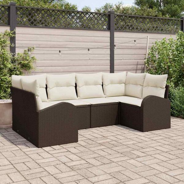 ARDEBO.de - 6-teiliges Garten Sofa Set mit Kissen Braun Poly Rattan, 2-Sitzer Garten Sofa mit Stauraum & Kissen Braun Poly Rattan