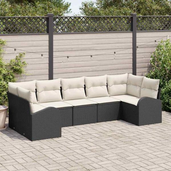 ARDEBO.de - 7-teiliges Garten-Sofa-Set mit Kissen in Schwarz Poly-Rattan, 2-Sitzer Garten-Sofa mit Stauraum & Kissen in Schwarz Poly-Rattan