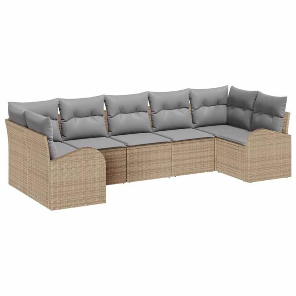 7-teiliges Garten-Sofa-Set mit Kissen Beige Poly Rattan, 2-Sitzer Garten-Sofa mit Stauraum & Kissen Beige Poly Rattan