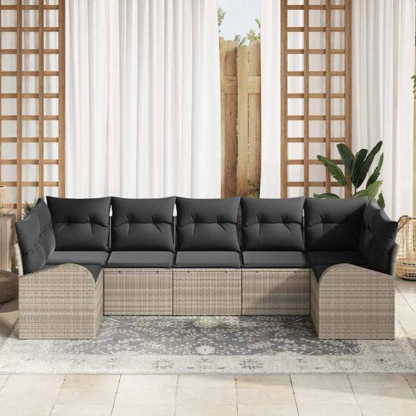 7-teiliges Gartenloungeset mit Kissen Hellgrau Poly Rattan, 2-Sitzer Gartenlounge mit Stauraum & Kissen Hellgrau Poly Rattan