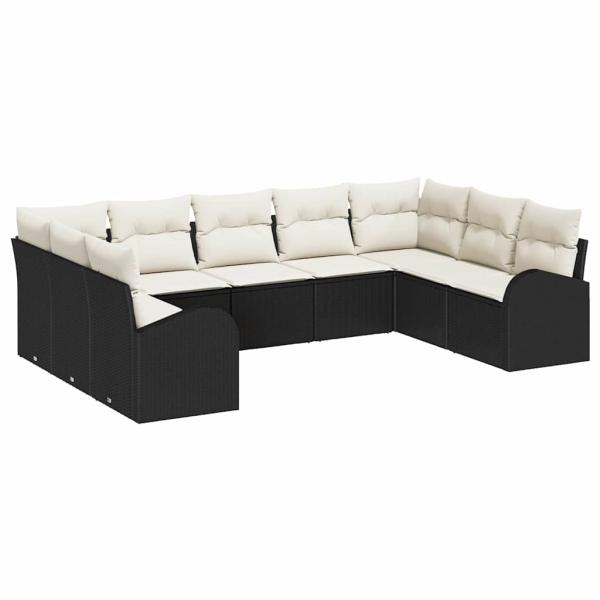 9-teiliges Garten Sofa Set mit Kissen Schwarz Poly Rattan, 2-Sitzer Garten Sofa mit Stauraum & Kissen Schwarz Poly Rattan