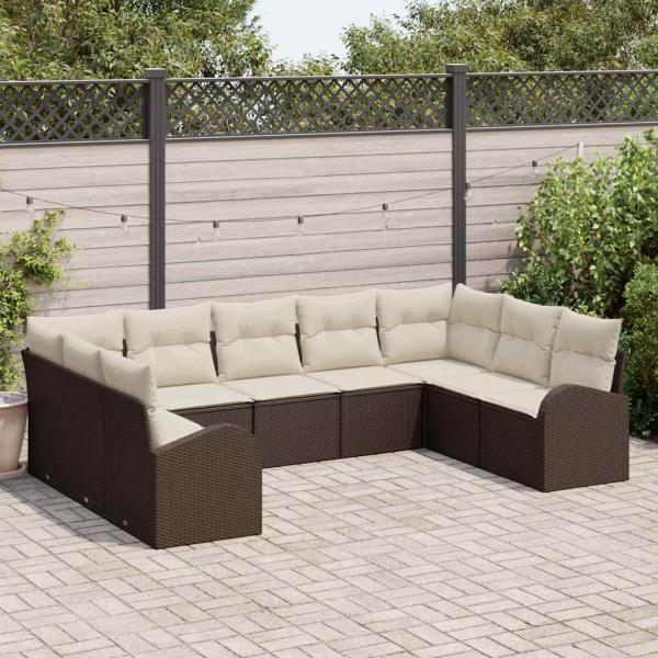 ARDEBO.de - 9-teiliges Garten-Sofa-Set mit Kissen Braun Poly-Rattan, 2-Sitzer Garten-Sofa mit Stauraum & Kissen Braun Poly-Rattan