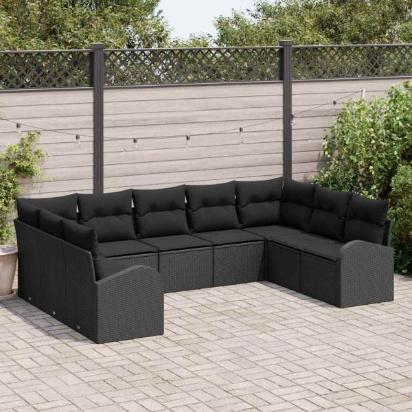 ARDEBO.de - 9-teiliges Garten-Sofa-Set mit Kissen schwarzes Poly-Rattan, 2-Sitzer-Garten-Sofa mit Stauraum und Kissen schwarzes Poly-Rattan