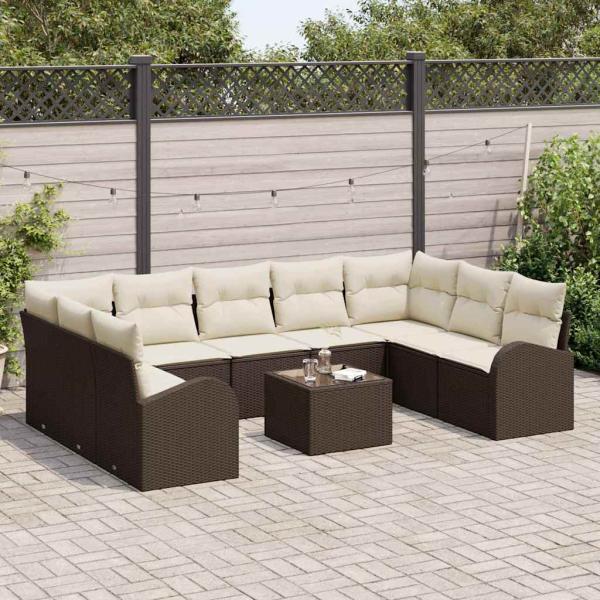 9-teiliges Garten Sofa Set mit Kissen Grau Poly Rattan, 2-Sitzer Garten Sofa mit Stauraum und Kissen Braunes Poly Rattan
