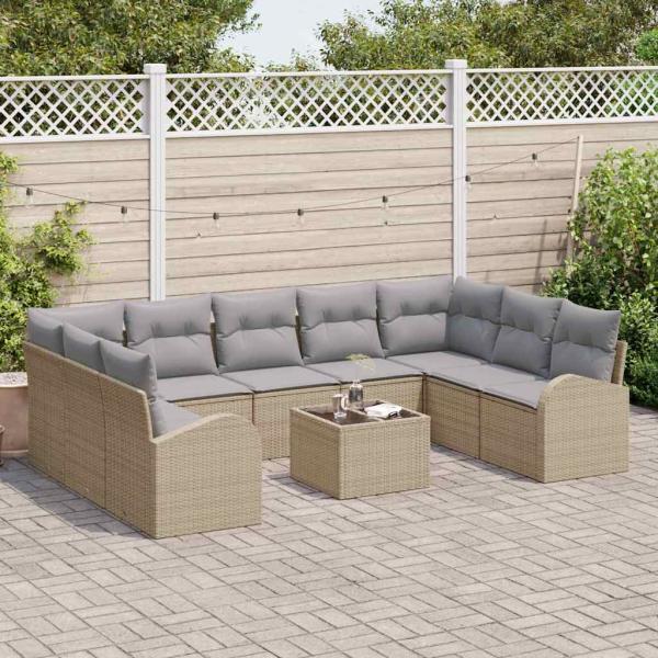 10-teiliges Garten Sofa Set mit Kissen in Schwarz Poly Rattan, 2-Sitzer Garten Sofa mit Stauraum & Kissen in Beige Poly Rattan