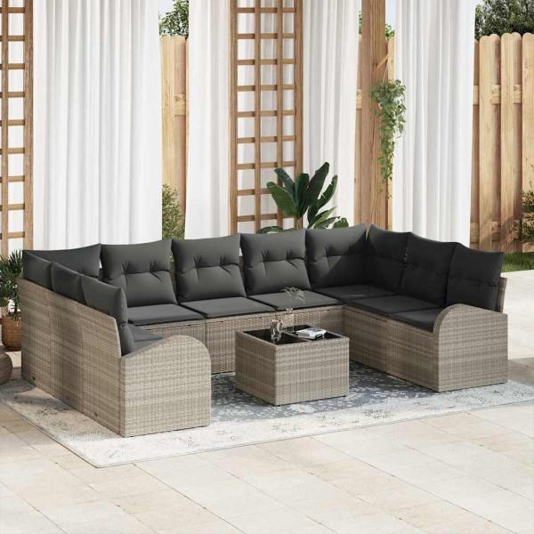 ARDEBO.de - 10-teiliges Garten Sofa Set mit Kissen Grau Poly Rattan, 2-Sitzer Garten Sofa mit Stauraum & Kissen Hellgrau Poly Rattan