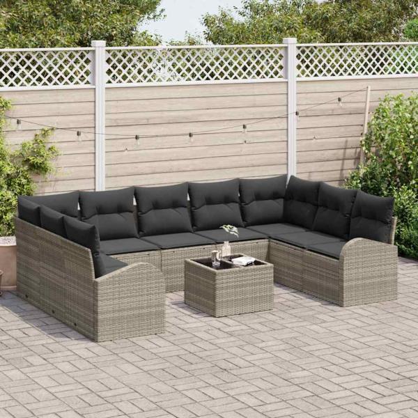 10-teiliges Garten Sofa Set mit Kissen Grau Poly Rattan, 2-Sitzer Garten Sofa mit Stauraum & Kissen Hellgrau Poly Rattan