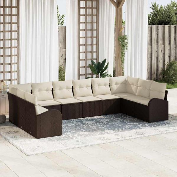 ARDEBO.de - 10-teiliges Garten Sofa Set mit Kissen Braun Poly Rattan, 2-Sitzer Garten Sofa mit Stauraum & Kissen Braun Poly Rattan