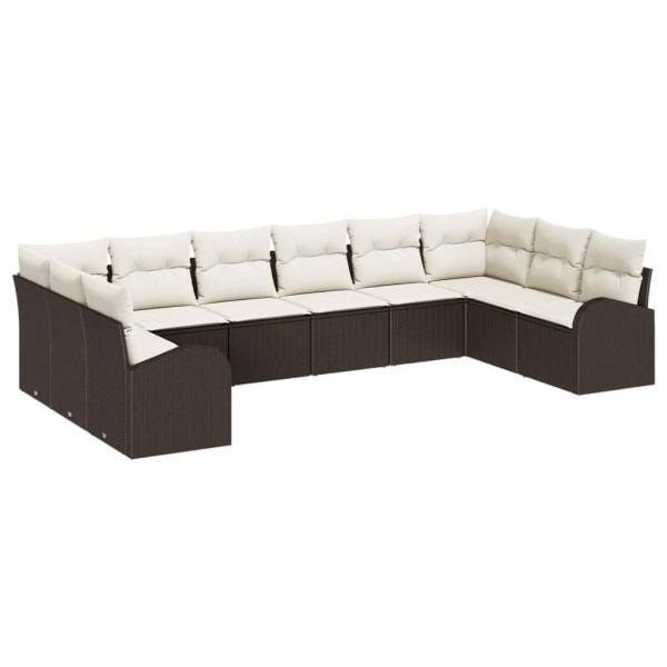 10-teiliges Garten Sofa Set mit Kissen Braun Poly Rattan, 2-Sitzer Garten Sofa mit Stauraum & Kissen Braun Poly Rattan
