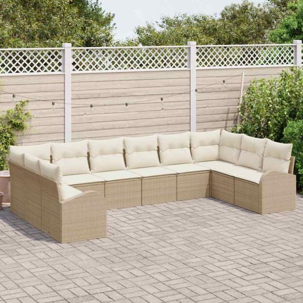 ARDEBO.de - 10-teiliges Garten Sofa Set mit Kissen Beige Poly Rattan, 2-Sitzer Garten Sofa mit Stauraum und Kissen Beige Poly Rattan