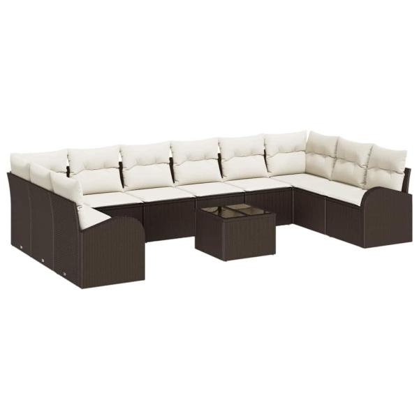 10-teiliges Garten Sofa Set mit Kissen Grau Poly Rattan, 2-Sitzer Garten Sofa mit Stauraum und Kissen Braun Poly Rattan