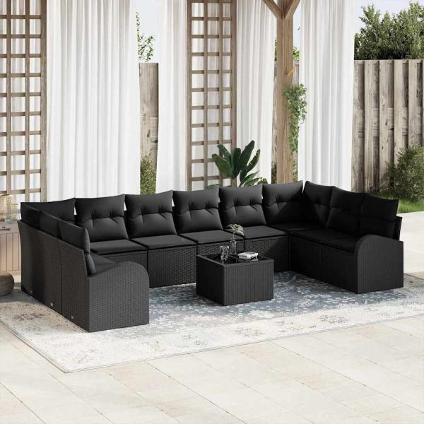 ARDEBO.de - 11-teiliges Garten Sofa Set mit Kissen Beige Poly Rattan, 2-Sitzer Garten Sofa mit Stauraum & Kissen Schwarz Poly Rattan