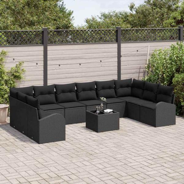 11-teiliges Garten Sofa Set mit Kissen Beige Poly Rattan, 2-Sitzer Garten Sofa mit Stauraum & Kissen Schwarz Poly Rattan
