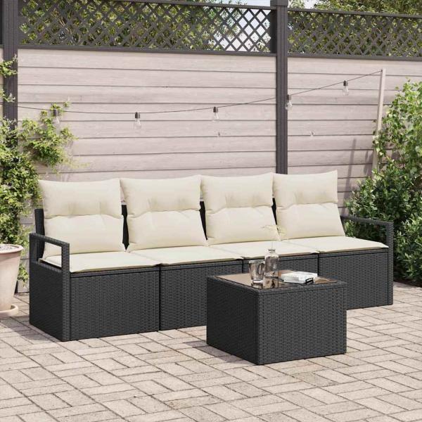 ARDEBO.de - 5-teiliges Garten-Sofaset mit Kissen Schwarz Poly Rattan, 2-Sitzer Garten-Sofa mit Stauraum & Kissen Schwarz Poly Rattan