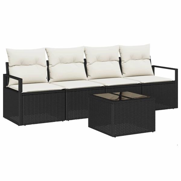 5-teiliges Garten-Sofaset mit Kissen Schwarz Poly Rattan, 2-Sitzer Garten-Sofa mit Stauraum & Kissen Schwarz Poly Rattan