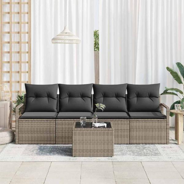 5-teiliges Garten Sofa Set mit Kissen Grau Poly Rattan, 2-Sitzer Garten Sofa mit Stauraum und Kissen Grau Poly Rattan
