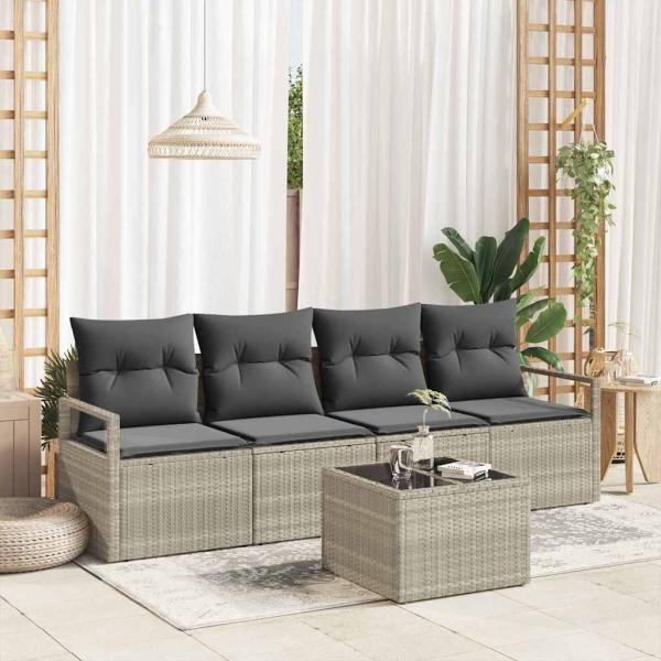 ARDEBO.de - 5-teiliges Garten-Sofa-Set mit Kissen Hellgrau Poly Rattan, 2-Sitzer Garten-Sofa mit Stauraum & Kissen Grau Poly Rattan