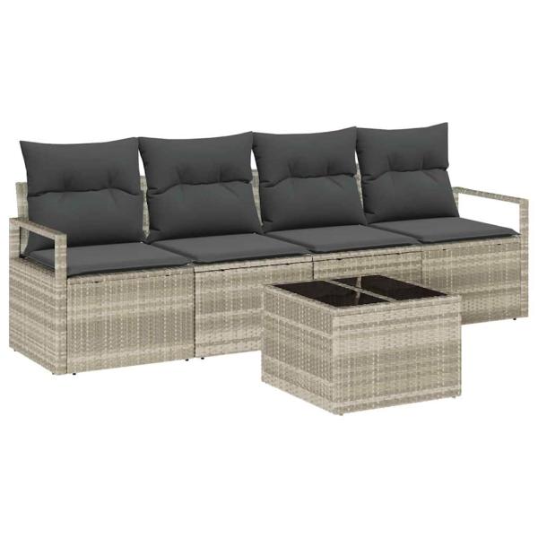 5-teiliges Garten-Sofa-Set mit Kissen Hellgrau Poly Rattan, 2-Sitzer Garten-Sofa mit Stauraum & Kissen Grau Poly Rattan