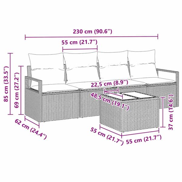 5-teiliges Garten-Sofa-Set mit Kissen Hellgrau Poly Rattan, 2-Sitzer Garten-Sofa mit Stauraum & Kissen Grau Poly Rattan