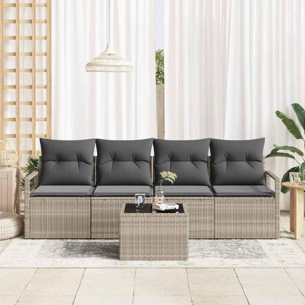 5-teiliges Garten-Sofa-Set mit Kissen Hellgrau Poly Rattan, 2-Sitzer Garten-Sofa mit Stauraum & Kissen Grau Poly Rattan